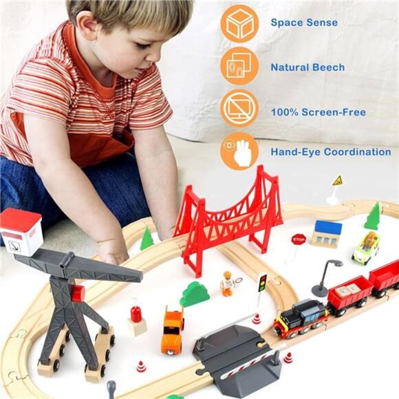 Wooden Train Set, 56-Piece Deluxe Kids Toy Train Set for 2 3 4 5 Year - Picture 5 of 7